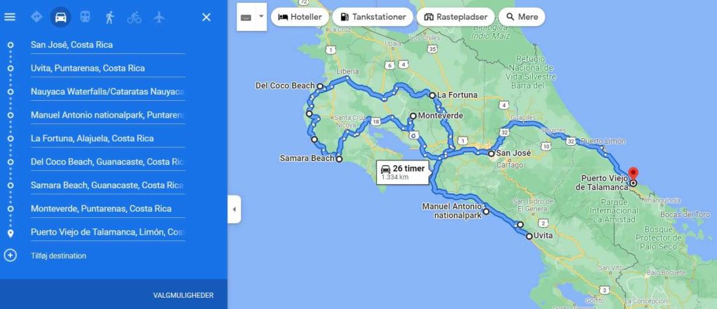 Kør selv rute i Costa Rica